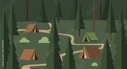Serene Forest Campground Scene Featuring Tents And Trails In A Dense Wooded Area