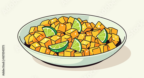 Refreshing Mango Salsa With Lime Wedges In A Bowl On Neutral Background