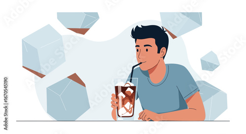 Refreshing Moment Young Man Enjoying Chilled Drink With Ice Cubes And Straw