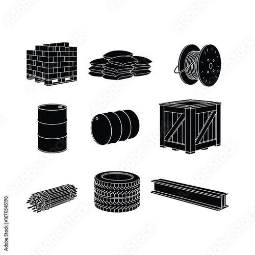 Set of industrial bulk goods silhouette vector icons, depicting essential warehouse materials for logistics, construction, and manufacturing