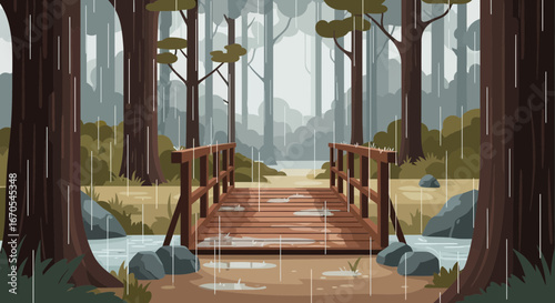 Serene Forest Scene With Wooden Bridge Under Gentle Rainfall Illustration