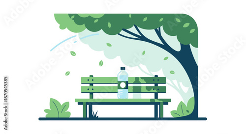 Refreshing Water Bottle At Park Bench Under The Tree On A Summer Day