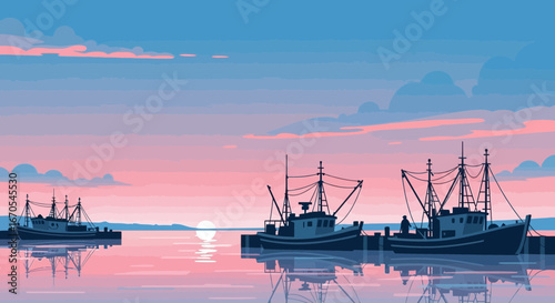 Serene Harbor Scene With Fishing Vessels Silhouetted Against Colorful Sky
