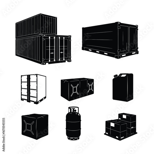 Vector artwork of various bulk goods silhouette items shipping containers, storage units, and transport vessels, for logistics and freight design