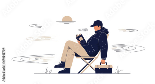 Relaxing Afternoon Man Reading A Book By The Lake Illustration