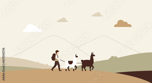 Serene Journey Man Hiking With Llamas Through Minimalist Landscape Scenery