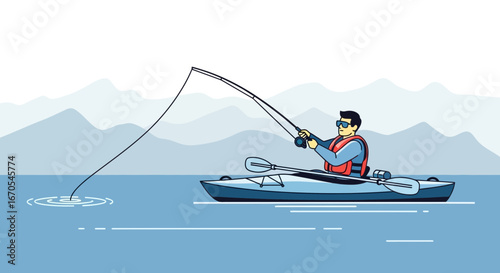 Serene Kayak Fishing Adventure Amidst Tranquil Waters And Mountain Backdrop