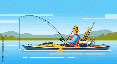 Serene Kayak Fishing Adventure In Calm Waters With Mountain View Backdrop