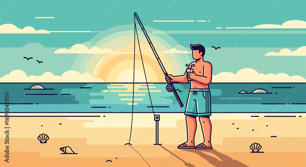 Fototapeta premium Relaxing Coastal Fishing With a Drink on a Bright Sunny Day Vector