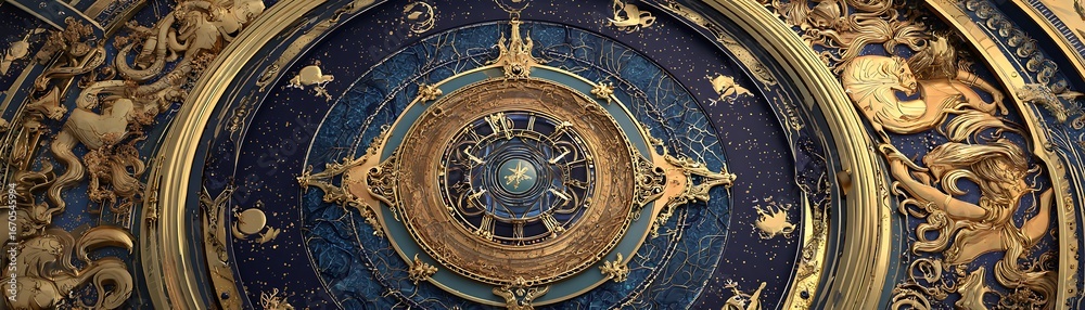 Obraz premium Detailed ornate celestial clock face with intricate gold and blue design.