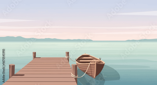 Serene Lake Scene Featuring Wooden Pier And A Small Boat Illustration