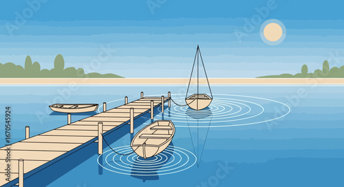 Serene Lake Scene With Dock Boats And Distant Shore In Gentle Sunlight