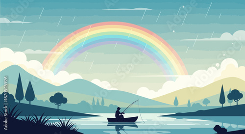 Serene Lake Scene With Rainbow And Fisherman Amidst Mountainous Backdrop