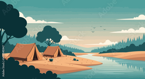 Serene Lakeside Campground Scene With Tents And Lush Forest Background