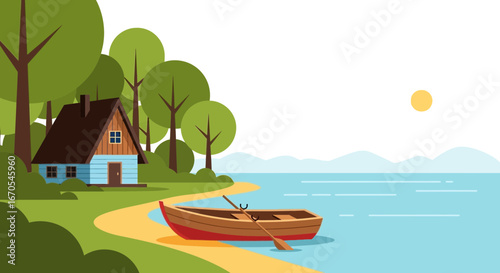 Serene Lakeside Cabin Retreat With Rowboat on the Shore Under a Gentle Sun