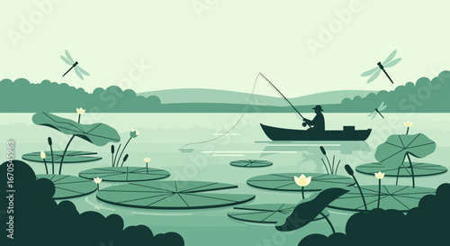Serene Lake Scene With Fisherman In Boat Surrounded By Lily Pads And Dragonflies
