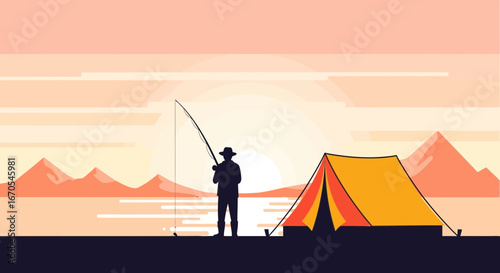 Serene Lakeside Camping Experience with Fishing at Sunrise in Minimalist Style