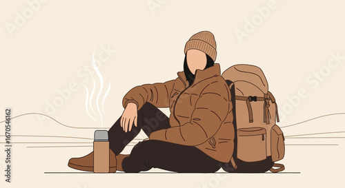 Relaxing Outdoors Hiker Enjoying Hot Drink In Winter Landscape