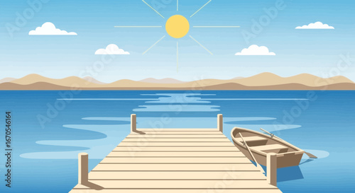 Serene Lakeside Dock Scene Under a Bright Sun with Distant Mountains