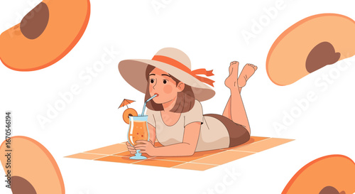 Relaxing Summer Day Illustration With Woman Enjoying a Peach Drink