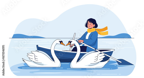 Serene Lakeside Escape Woman Rowing Boat Amidst Swans Winter Landscape