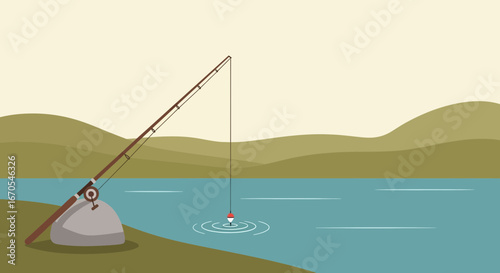 Serene landscape with fishing rod resting on a rock by calm water for relaxation