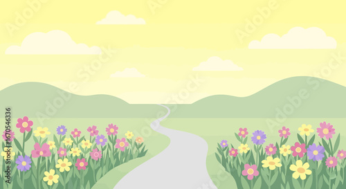 Serene Landscape With Flowered Meadow And Road Leading To Distant Hills