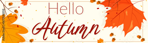 A horizontal banner with the inscription HELLO AUTUMN.  Autumn banner for social networks, advertising, mailing lists, etc.