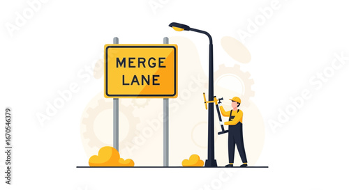 Repairing street light near a merge lane sign ensures traffic safety and guidance
