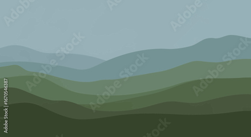 Serene layered mountain landscape with calming greens and blues creating depth and atmosphere