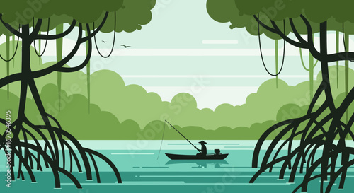 Serene Mangrove Forest Fishing Scene with Silhouette Fisherman and Birdlife illustration