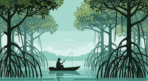 Serene mangrove swamp scenery with fisherman vector graphic landscape design