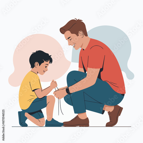 A father helping his son tie his shoelaces in a heartwarming and supportive family moment together at home