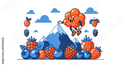 Retro Fruit Expedition Adventure With A Smiling Cloudberry And Mountain View
