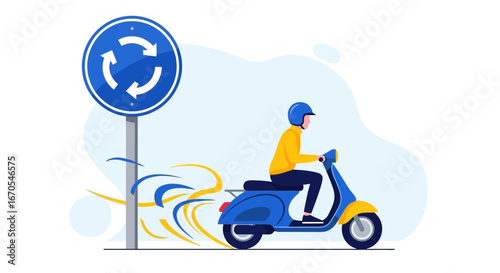 Riding A Motorbike Around The Roundabout With Safety Awareness Concept
