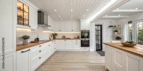Bright White Farmhouse Kitchen L-Shaped Design, Wooden Countertop, Modern Appliances, Scandinavian Style Farmhouse kitchen, kitchen design, interior design