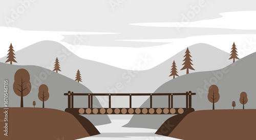 Serene mountain landscape with a rustic wooden bridge crossing a calm stream vector illustration