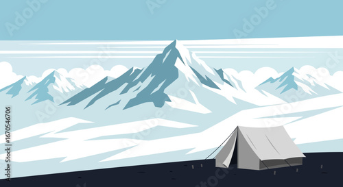 Serene Mountain Landscape Featuring Camping Adventure Tent in Snowy Environment