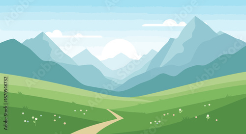 Serene Mountain Valley Scene With Grassy Hillsides And Distant Mountain Peaks