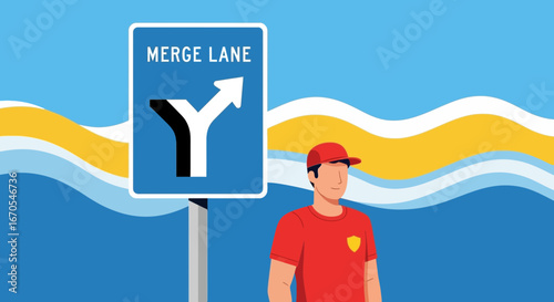 Road Merge Ahead With a Highway Traffic Worker Warning Motorists Of Traffic