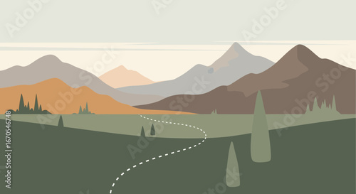Serene Mountain View With Winding Path And Verdant Landscape Illustration