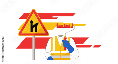 Road Repairs Concept Presenting Diverging Routes with Painter and Paint Roller