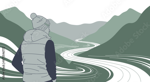 Serene Mountain Vista A Person Contemplates A Winding River Valley