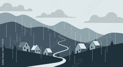 Serene Mountain Village Scene With Houses During a Rainy Day Landscape