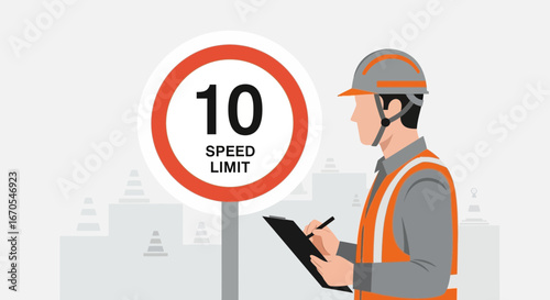 Road Safety Inspector Notes Speed Restriction at Construction Zone Vector Illustration