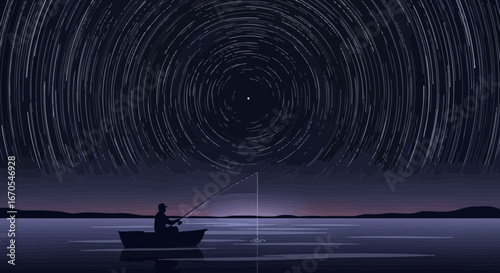 Serene Night Fishing Under Swirling Star Trails Tranquil Scene Of Nature Beauty