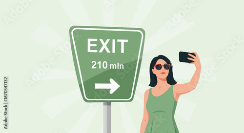 Road Trip Woman Capturing the Moment Next to Exit Sign Funny Travel Journey