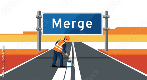 Road Work Ahead Preparation Painting Lines On Highway Safety Concept Illustration