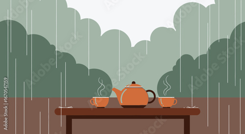 Serene rainy day backdrop with tea set against a backdrop of lush greenery and a soft grey sky