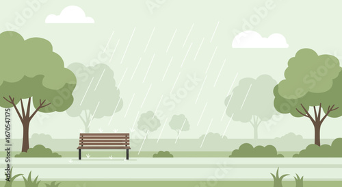 Serene rainy day scene in a park with a bench surrounded by trees and clouds
